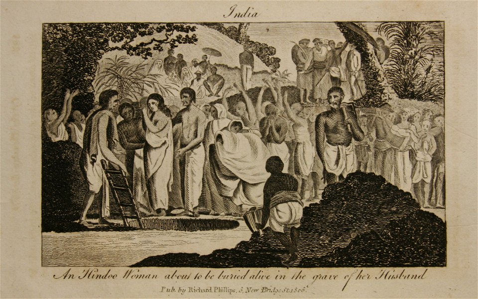 An Hindoo Woman about to be buried alive in the grave of her Husband, from 'Geography on a Popular Plan' by Rev J. Goldsmith, published by Richard Phillips, London, 1811
