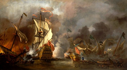 An English Ship in Action with Barbary Vessels, 1678