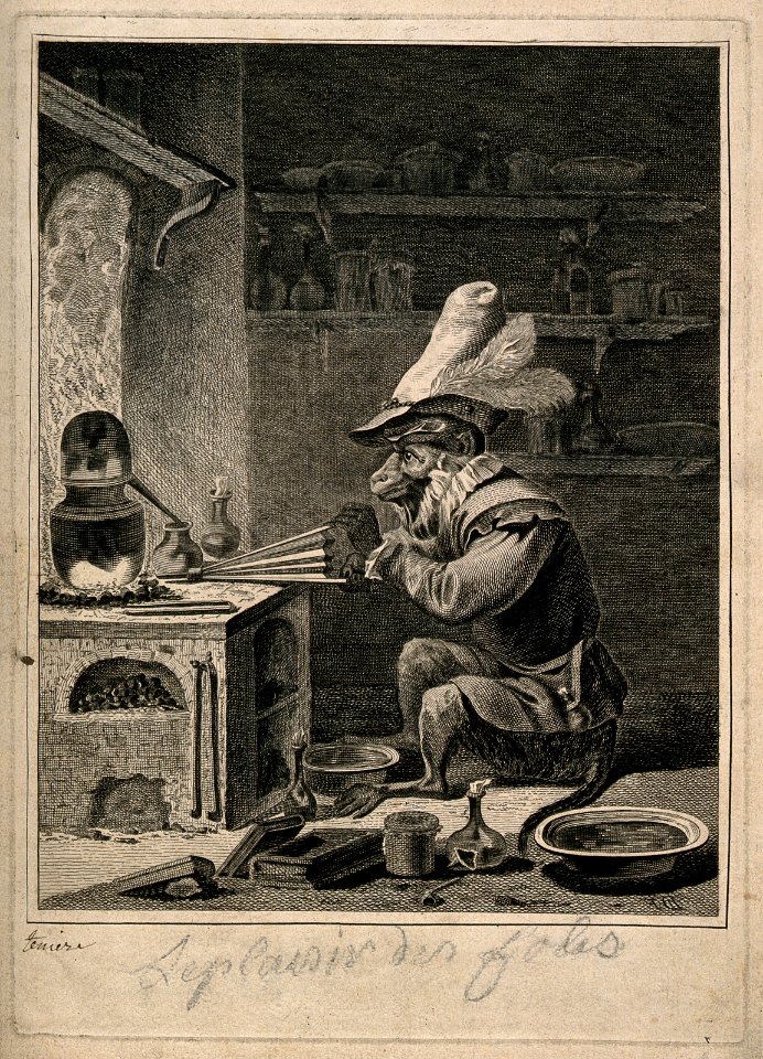 An monkey-alchemist pumps a bellows in a laboratory; alludin Wellcome V0011929