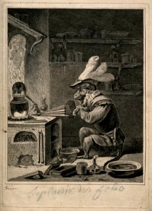 An monkey-alchemist pumps a bellows in a laboratory; alludin Wellcome V0011929