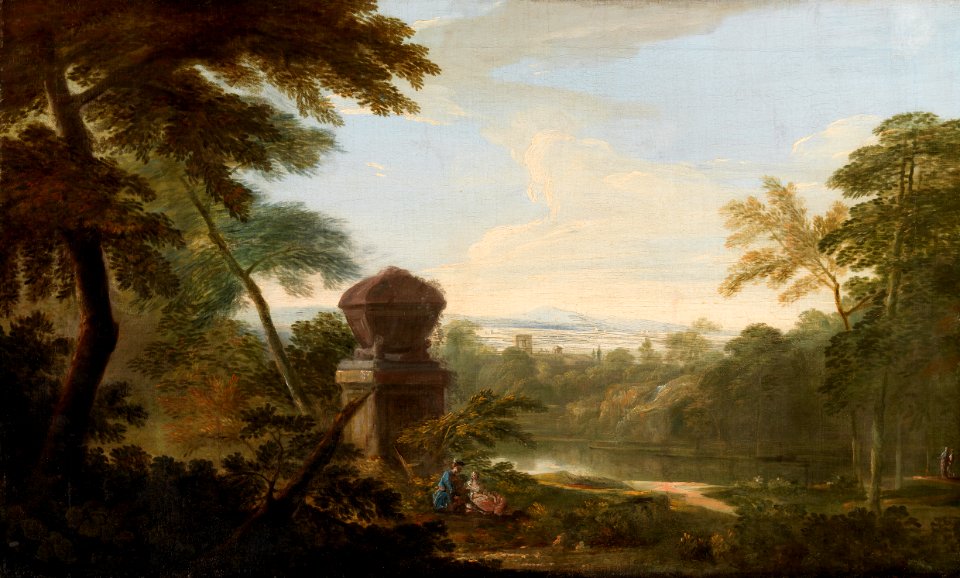 An Italianate Landscape with Figures by a Tomb P5731