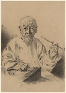 An old Chinese man with his pipe, half-length portrait, facing front, sitting at a table, holding a pipe LCCN2004679126