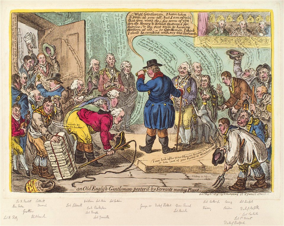 An old English-gentleman pester'd by servants wanting places by James Gillray