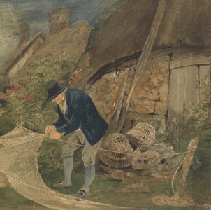 An Old Fisherman Repairing Nets with a Cottage in the Background - John Thirtle
