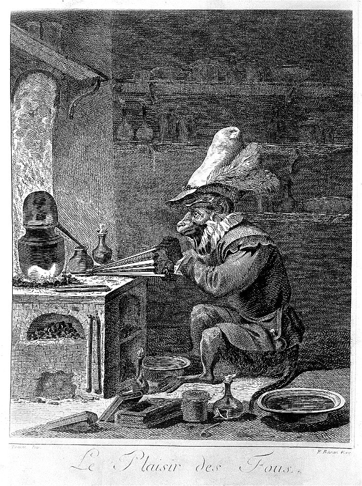 An monkey-alchemist pumps a bellows in a laboratory; alludin Wellcome L0004333