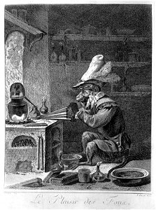An monkey-alchemist pumps a bellows in a laboratory; alludin Wellcome L0004333