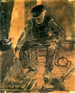 An Old Man Putting Dry Rice on the Hearth 1881 Vincent van Gogh. Free illustration for personal and commercial use.