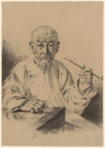 An old Chinese man with his pipe, half-length portrait, facing front, sitting at a table, holding a pipe LCCN2004679126