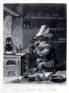 An monkey-alchemist pumps a bellows in a laboratory; alludin Wellcome V0025549