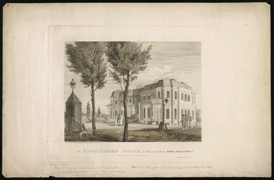 An unfinished house, in Chesnut Street Philadelphia. Built for the late Robert Morris Esqr. - designed & published by W. Birch enamel painter, 1800 ; republished by Desilver 1841. LCCN2013650034