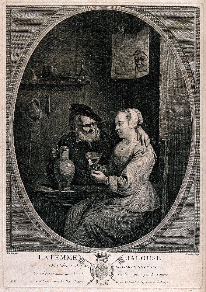 An old man sits with his arm round a girl and plies her with Wellcome V0019522