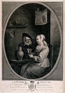 An old man sits with his arm round a girl and plies her with Wellcome V0019522