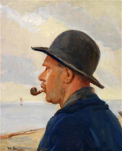 Michael Ancher - En mand med pibe og filthat på Skagen Strand. Free illustration for personal and commercial use.