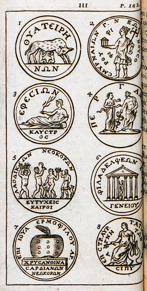 Ancient coins from Thyateira (1), Izmir (2), Ephesus (3), Pergamon (4), Laodicea (5), Philadelphia (6), Sardes (7) and M - Spon Jacob - 1678