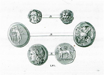 Ancient coins Top- Coin from Kerch (anc Panticapaion), in Taurica Middle- Coin of Kos Bottom- Coin from Miletus - Peter Oluf Brøndsted - 1830
