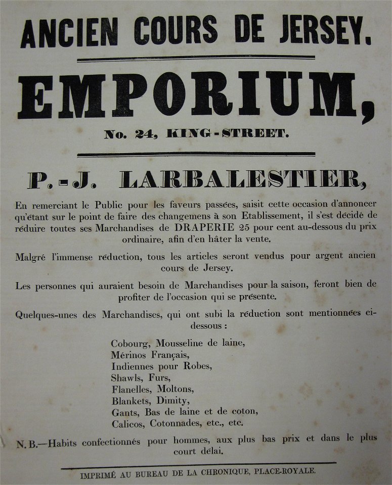 Ancien cours de Jersey Larbalestier 1852