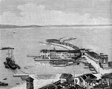 Ancona – Panorama del Molo con l’arco di Traiano (xilografia)
