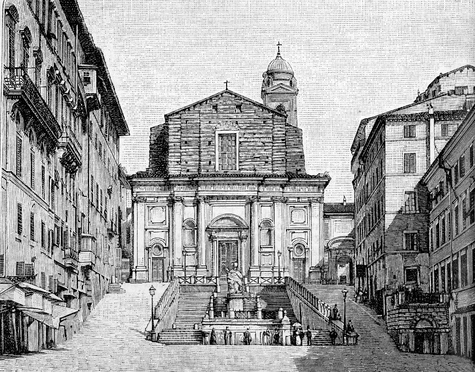 Ancona – Piazza del Plebiscito e chiesa di San Domenico (xilografia)