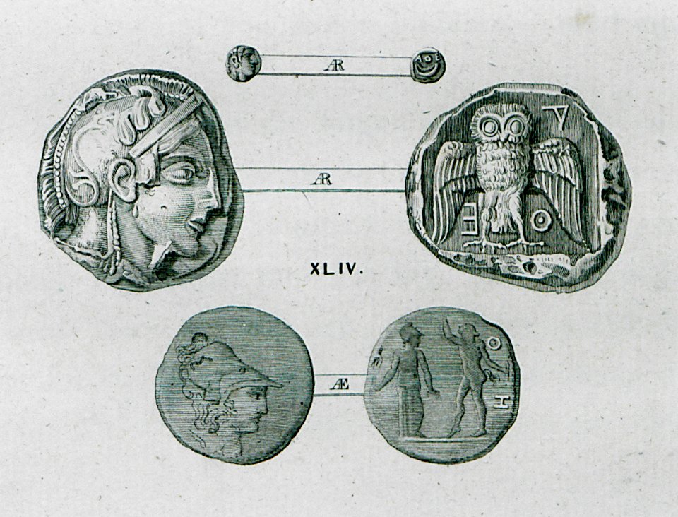 Ancient coins of Athens 2 Silver tetradrachm Obv Athena Rev Athene noctua 3 Bronze coin of Roman era Obv Athena and Saty - Peter Oluf Brøndsted - 1830