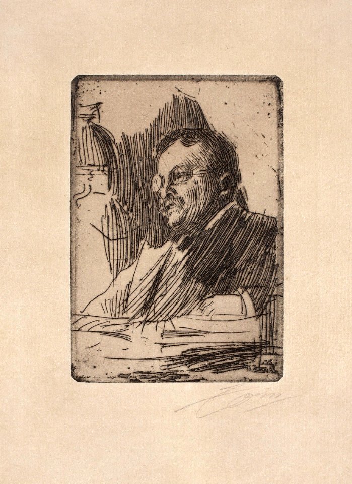 Anders Zorn - Theodore Roosevelt (etching) 1905. Free illustration for personal and commercial use.