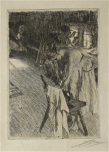 Anders Zorn - Sunday Morning (etching) 1894. Free illustration for personal and commercial use.