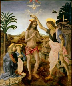 Andrea del Verrocchio, Leonardo da Vinci - Baptism of Christ - Uffizi. Free illustration for personal and commercial use.