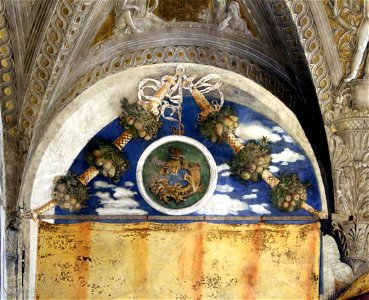 Andrea mantegna, camera degli sposi, 1465-74, parete nord, detta della corte 02 festone con insegna gonzaghesca 1