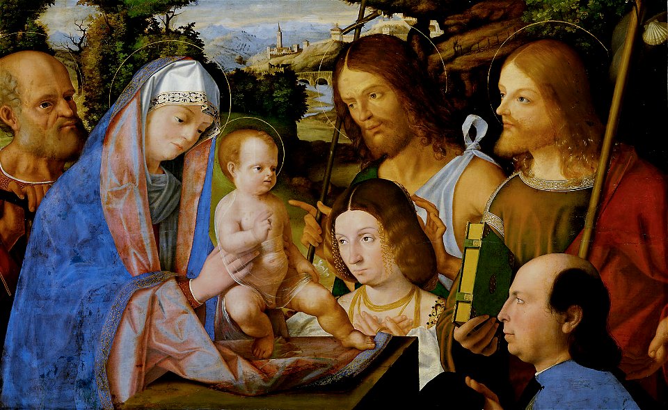 Andrea Previtali, , Kunsthistorisches Museum Wien, Gemäldegalerie - Hl. Familie mit Johannes dem Täufer, Jakobus dem Älterem und zwei Stiftern - GG 119 - Kunsthistorisches Museum