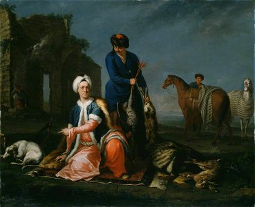 Andrea Soldi (c.1703-1771) - Portrait of Henry Lannoy Hunter in Oriental Dress, Resting from Hunting, with a Manservant Holding Game - T11977 - Tate