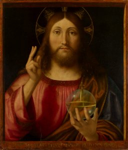 Andrea Previtali, Salvator Mundi (1519), oil on poplar, 61.6 x 53 cm, National Gallery. Free illustration for personal and commercial use.