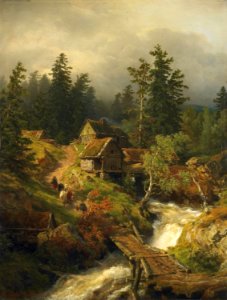 Andreas Achenbach - Bergige Landschaft mit Bach und Wassermühle
