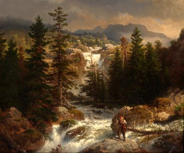 Andreas Achenbach - Ein Fischer inspeziert seinen Fang an einem Wildbach