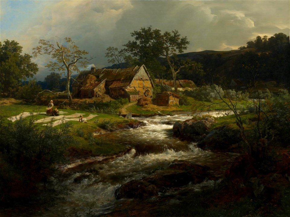 Andreas Achenbach - Landschaft mit Bauernhaus und Wildbach