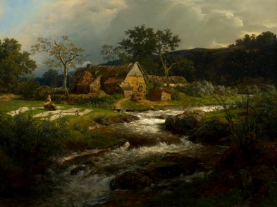 Andreas Achenbach - Landschaft mit Bauernhaus und Wildbach. Free illustration for personal and commercial use.