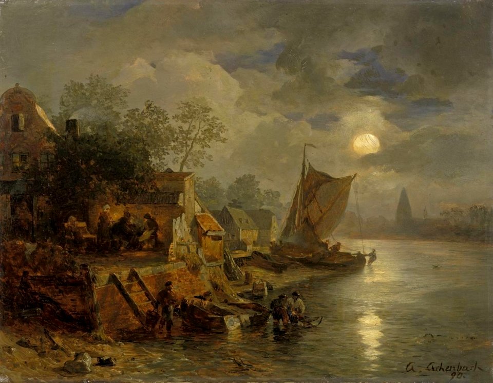 Andreas Achenbach - Nächtliche Küstenlandschaft mit Fischern