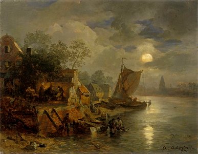Andreas Achenbach - Nächtliche Küstenlandschaft mit Fischern