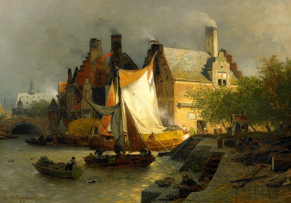 Andreas Achenbach Anlegende Boote an einem holländischen Hafen 1877
