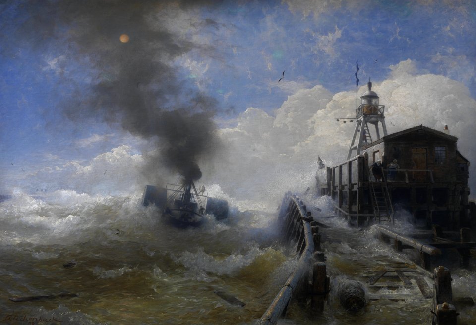 Andreas Achenbach - Ein Schlepper verlässt den Hafen von Ostende bei Flut