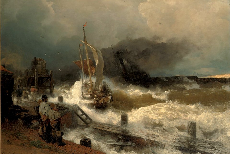 Andreas Achenbach - Ein Fischerboot und ein Dampfer in rauer See