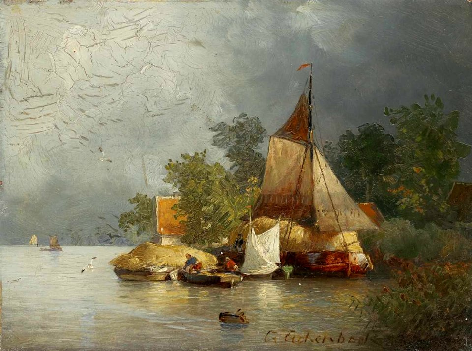 Andreas Achenbach - Flusslandschaft mit Lastenkähnen