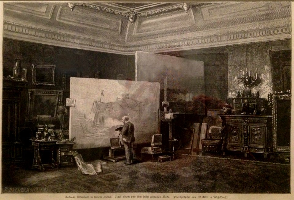 Andreas Achenbach in seinem Atelier, Holzstich Brend'amour Düsseldorf nach Foto von W. Otto Düsseldorf von selbst gemalten Bild (Abb. Illustrierte Zeitung, 26. Sept. 1885)