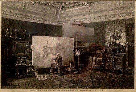 Andreas Achenbach in seinem Atelier, Holzstich Brend'amour Düsseldorf nach Foto von W. Otto Düsseldorf von selbst gemalten Bild (Abb. Illustrierte Zeitung, 26. Sept. 1885)