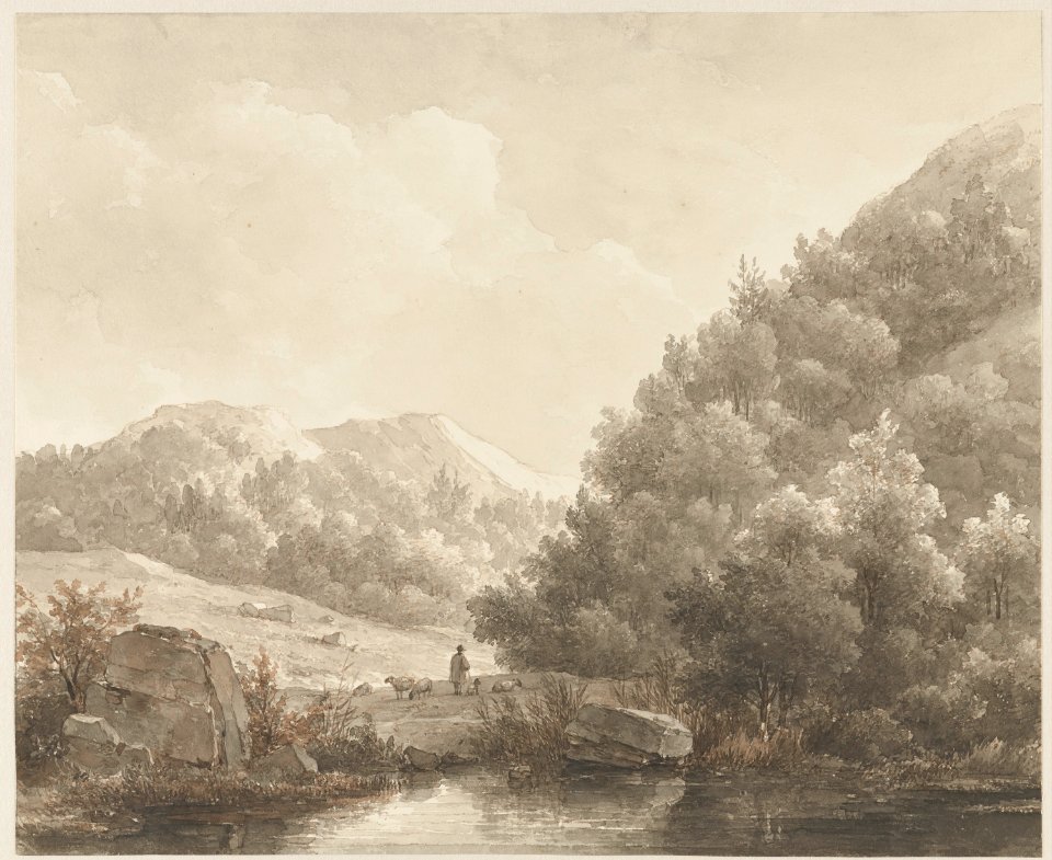 Andreas Schelfhout - Berglandschap met beekje, herder en schapen