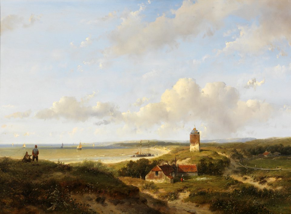 Andreas Schelfhout - Een vuurtoren en visserswoningen in de duinen, in de verte de zee - BR1639 - Rijksmuseum Twenthe
