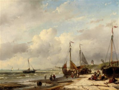 Andreas Schelfhout - Vissers en bomschuiten aan de Nederlandse kust