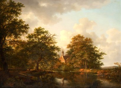 Andreas Schelfhout - Figuren en koeien bij een meer in een bosrijk landschap