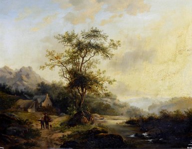 Follower of Andreas Schelfhout - Reizigers op een landweg