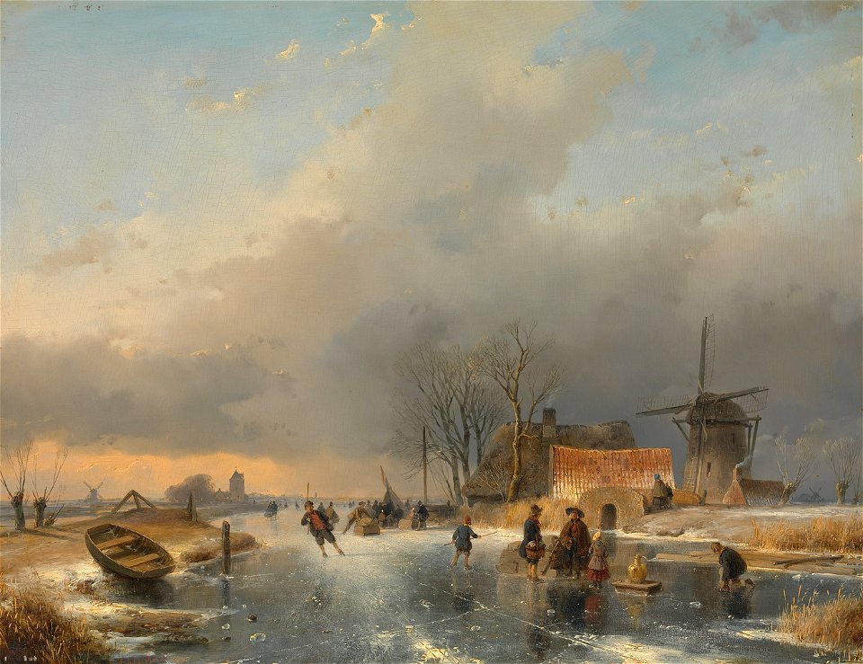 Andreas Schelfhout - Een winterlandschap, rechts een molen en woningen bij een bevroren vaart - SA 1289 - Amsterdam Museum