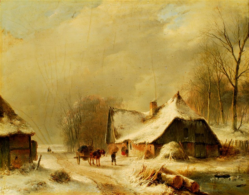Andreas Schelfhout - Winterlandschap met paard en wagen in de voorkant van een besneeuwde boerderij