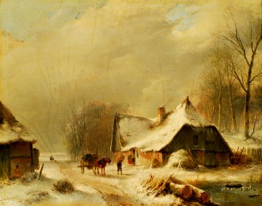 Andreas Schelfhout - Winterlandschap met paard en wagen in de voorkant van een besneeuwde boerderij